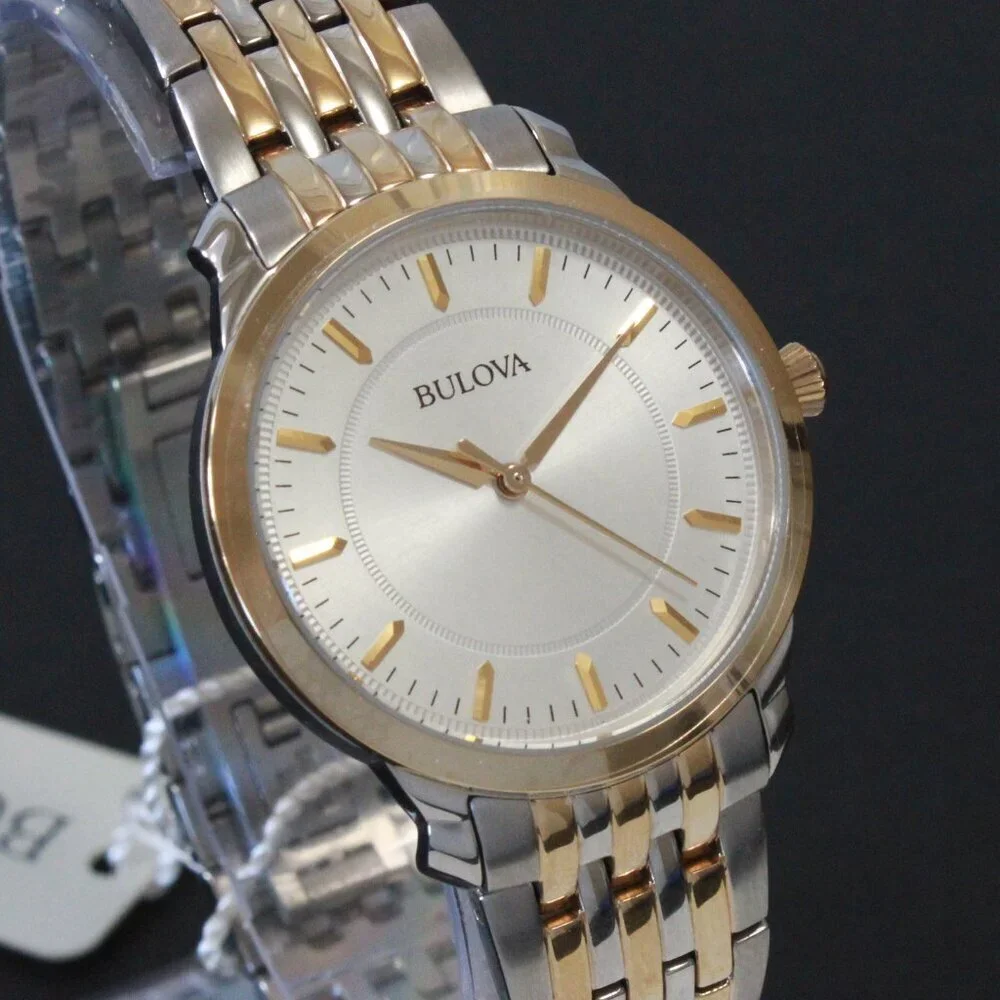 Bulova Ladies Classic Quartz Watch Two Tone Finish Raised Indices Bracelet 32mm